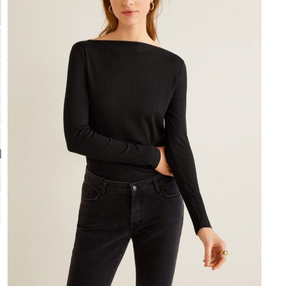 Mango Boat Neck Ribbed Long Sleeve Shirt - Black - XS